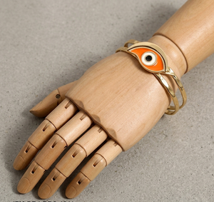 Bracelet manchette œil en laiton fait main, émail orange, tendance, pour femme - Protège le bonheur, stimule la créativité, ajustement réglable - Product Image 6