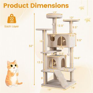 Árbol para Gatos de Lujo de 52 Pulgadas de Altura, Torre de Juego para Múltiples Gatos con Perchas, Condominios y Postes Rascadores de Sisal - Mueble Beige para Escalar para Gatos - Product Image 6