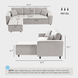 Divano Angolare a L in Velluto a Coste Grigio Chiaro, 3 Posti, Chaise Longue Reversibile, Molle Insacchettate, Imbottitura in Piuma, Morbido Divano Angolare - Product Image 3