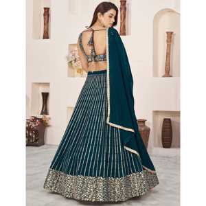 Magnifique Lehenga Choli semi-cousu en Georgette vert sarcelle à sequins pour fiançailles de la marque Zeel Clothing - Product Image 4