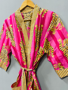 Bata Kimono Larga de Algodón Suave con Estampado de Tigre y Flores, Cuello en V, Cierre con Cordón, Estilo Casual de Lujo, para Verano/Invierno - Product Image 4