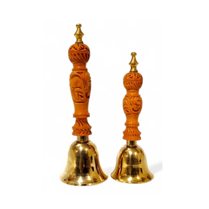 Cloche de prière en laiton plaqué or avec manche en bois |   Ghanti traditionnel indien sculpté pour la maison, le mandir, le temple, l'arti et le culte quotidien - Product Image 1