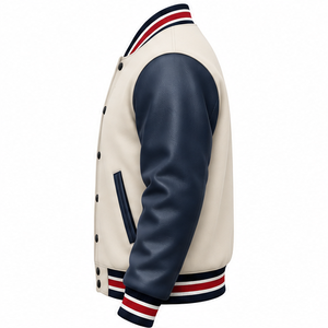 Blouson universitaire homme crème et bleu marine à la mode avec logo lettre rouge et blanc, fermeture boutonnée sur le devant, style preppy, OEM - Product Image 4
