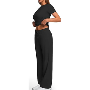 Women's Comfortable Solid Lace up Short Sleeve Cotton Drawstring Loose Fit T-Shirt and Sweatpants <b>Set</b> - Product Image 6