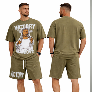 Conjunto de Camiseta y Pantalones Cortos de Verano para Hombre, Ropa Deportiva Informal, Estampado Victory Love, Algodón, Dos Piezas, Ropa de Gimnasio, Chándal Urbano - Product Image 4