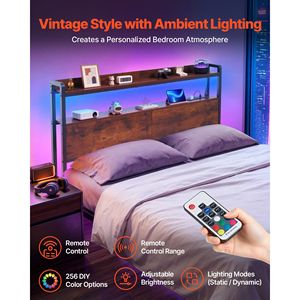 Cabecera de Cama Matrimonial con Luces LED, 2 Estantes de Almacenamiento, 3 Tomas de Corriente y 3 Puertos USB, Estructura Resistente de Acero al Carbono - Product Image 3
