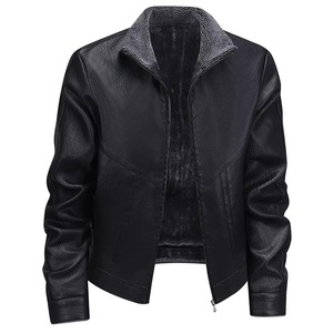 <b>Men's</b> Black PU Leather <b>Jacket</b> Moto Biker Style Turn down Collar Faux Fur Lining Zipper Closure Regular Fit Autumn Wear - Product Image 3
