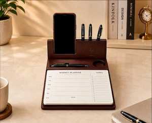 Premium PU Leather Desk Organizer with Mobile Stand, Pen Holder & <b>Memo</b> <b>Pad</b> Holder | Office Table Organizer | Brown - Product Image 3