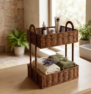 Lavihex 3-Tier Woven Rattan Storage Basket Organizer Handles Freestanding Farmhouse <b>Shelving</b> Rack <b>for</b> Bathroom <b>Bedroom</b> - Product Image 6