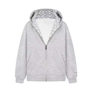 Sudadera con capucha gris jaspeado premium con cremallera y forro de capucha con monograma impreso - Chaqueta de algodón de alta calidad estilo streetwear - Product Image 1