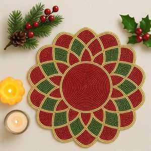 Handmade <b>Beaded</b> Christmas <b>Placemat</b>, Red, Green, and Gold Decor - Product Image 5