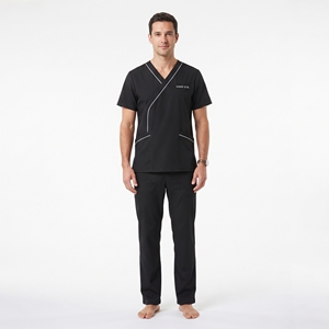 Conjunto de Uniforme Médico para Hombre, Color Negro, Cuello en V, Manga Corta, Pantalones con Cuello Camisero - Product Image 5