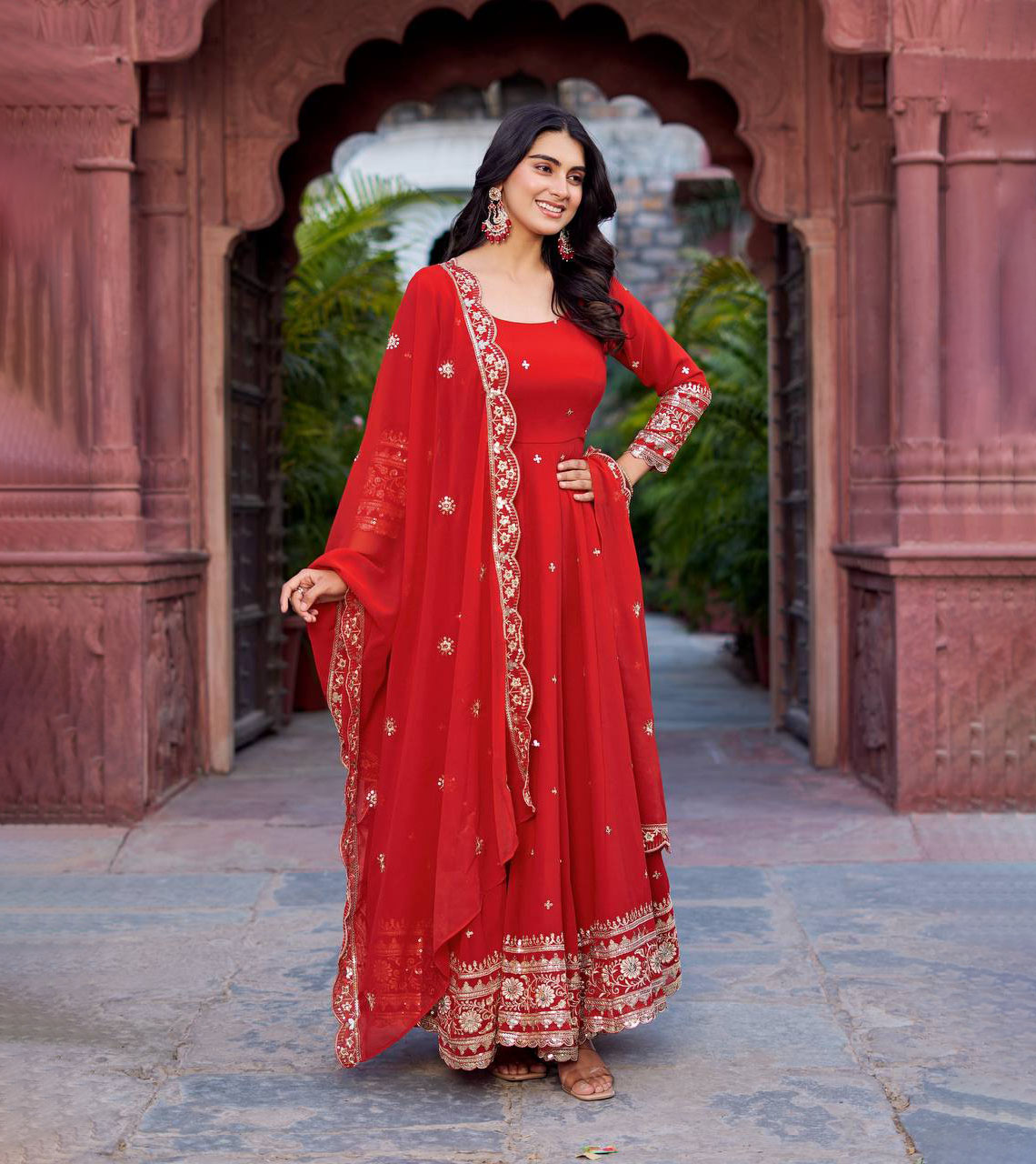 fitted lace wedding dress Red Anarkali Suit