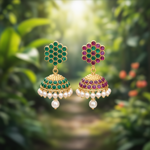 Elegant Vintage Jhumka Hoop Earrings with Semi-Precious Stones and Pearl - Product Image 3