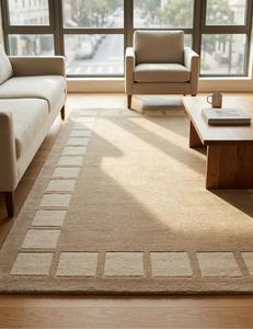 Alfombra de Lana Premium Hecha a Mano, Antideslizante, Abstracta, Minimalista, Beige, con Borde Rectangular, Moderna, para Sala de Estar o Dormitorio, Pelo Medio - Product Image 5