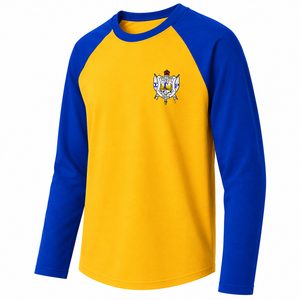 T-shirt Raglan Femme Sigma Gamma Rho Sorority – Décontracté, Bleu et Or Contrastant, Manches Longues, Broderie du Blason, Color Block - Product Image 4
