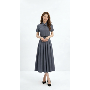 Elegante Vestido Midi Plisado con Cuello Polo, Manga Corta, Estilo Oficina, con Cinturón, Vestido de Alta Calidad para Mujer - Product Image 1