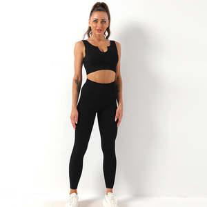 <b>Black</b> 2-Piece <b>Yoga</b> Set High Waist <b>Leggings</b> Scoop Neck Crop Top Racerback Seamless Four-Way Stretch Solid Color Workout Wear - Product Image 1