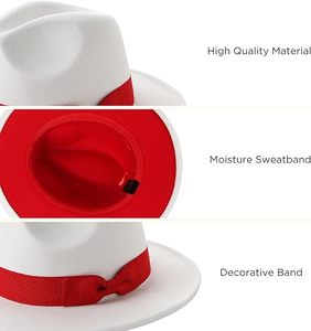 White Fedora Hat with <b>Red</b> Decorative Band Unisex Formal Party Accessory Breathable Acrylic <b>Material</b> Four Seasons Wear - Product Image 1
