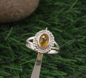 Anillo de mujer con cuentas de citrino natural, plata de ley 925, estilo clásico, engaste de bisel, para fiesta de boda de enero - Product Image 2