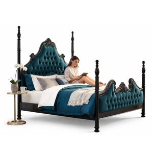 Luxury Royal <b>Deep</b> Blue Velvet Tufted Bed <b>Frame</b> with Crystal Buttons - Hand-Carved Classic European Style Queen King 2204450 - Product Image 3