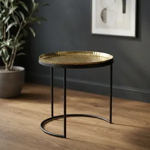 Modern <b>Round</b> <b>Side</b> <b>Table</b> with <b>Black</b> Metal Top and <b>Black</b> Metal Legs Contemporary Living Room Furniture Decorative Accent <b>Table</b> - Product Image 1