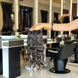 Extensions de cheveux humains vierges indiens avec fixation par clips, trame simple nouée à la main, style noir, emballage - Product Image 1