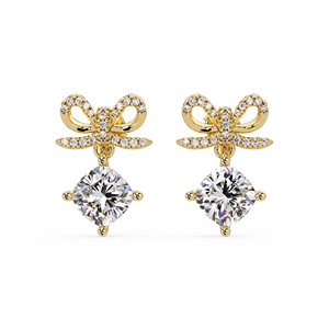 Classic Bow Ribbon Pave Dangle Earrings 14k Pure Gold Rhodium Plated <b>Cushion</b> Cut Lab Grown Diamond 2.10 CTW IGI Certified - Product Image 3