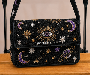 Bolso de Hombro Bohemio de Lujo Hecho a Mano con Cuentas, Patrón de Ojo Cósmico, Luna y Estrellas, Moderno, a la Moda, de Alta Calidad, Resistente y Portátil - Product Image 4