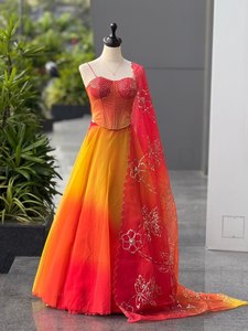 Designer Ombre <b>Red</b> Yellow Floor-Length Quick Dry Lehenga Choli Set with Dupatta Women Party Wear Wedding Festive Ethnic Dress - Product Image 4