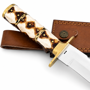 Couteau Bowie Rambo en acier Damas fait main de qualité supérieure, avec garde en laiton, manche en bois et cor, et fourreau en cuir, pour l'extérieur - Product Image 6