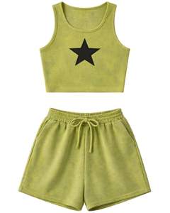 Custom Women Ribbed Crop Tank Top & Drawstring Shorts Set Olive <b>Green</b> With Black Star Casual Lounge Two Piece Outfit Wholesale - Product Image 1