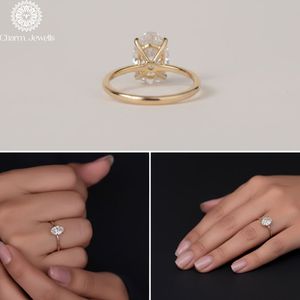 Bague de fiançailles classique pour femme Charm Jewells, trois pierres en moissanite taille coussin, plaqué or 18 carats, sertie à griffes, IGI - Product Image 5