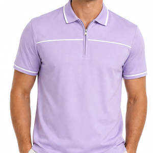 Polo à col zippé pour homme, best-seller, lavande, violet clair, avec bordure blanche, manches courtes - Product Image 2