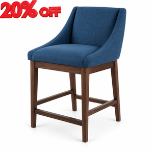 Chaise de bar moderne en tissu bleu avec structure en bois, accoudoirs fixes, design contemporain pour bar à domicile, îlot de cuisine, chaises de bar - Product Image 1