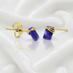 Ratnarachit Handmade Wire Wrapped <b>Blue</b> Sapphire <b>Stud</b> <b>Earrings</b> 14K Gold Plated Brass Baguette Cut Minimalist Women's Gift - Product Image 5