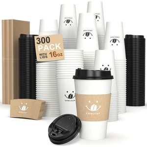 Confezione da 300 Bicchieri di Carta Bianchi da 16 oz con Coperchi e Manicotti per Bevande Calde e Fredde - Product Image 1