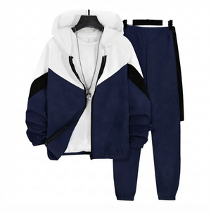 Ensemble de survêtement deux pièces décontracté et sportif, tendance, bleu foncé, avec sweat à capuche zippé et pantalon de jogging, personnalisable - Product Image 1