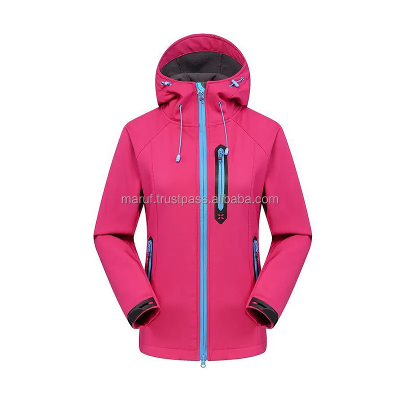 Breathable Waterproof Warm Pink with Sky-blue Zippers MSSJW13 Women Hooded Softshell Jacket
