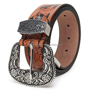 Ceintures en cuir marron gaufré de 40 mm pour hommes, fabriquées en Inde, avec boucle anti-nickel, ceintures et accessoires de cowboy en cuir travaillé. - Product Image 5