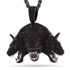 Colgante de Perro de Tres Cabezas Negro con Incrustaciones de Moissanita, Chapado en Rodio, Plata 925, Amuleto Temático, Joyería Unisex de Hip Hop - Product Image 1