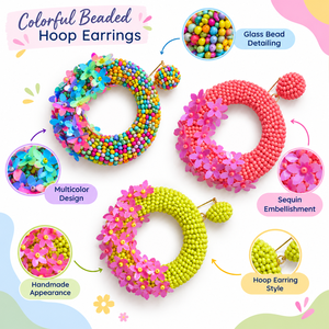 Boucles d'oreilles créoles multicolores en perles de verre avec paillettes, bijoux fantaisie faits à la main pour femmes, accessoires de mode - Product Image 4