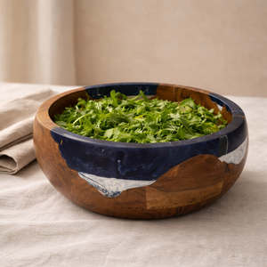 Bol à salade rond en bois d'acacia décoratif avec résine époxy bleu-blanc, brun naturel, fait main, pour service, fête, décoration de la maison - Product Image 4