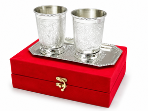 Silver Plated Stainless Steel Tumbler Set Embossed Tea Cup and Saucer <b>Gift</b> <b>Box</b> for <b>Christmas</b> - Product Image 1