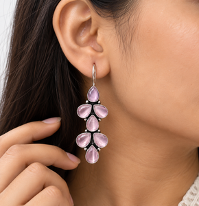 Boucles d'oreilles pendantes en argent oxydé multi-pierres, motif floral, pour femmes, bijoux en gros - Product Image 4