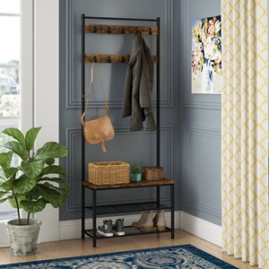 Perchero minimalista de madera con ganchos, tipo de pie, para almacenamiento en la entrada, de un solo nivel, con acabado lacado. - Product Image 4
