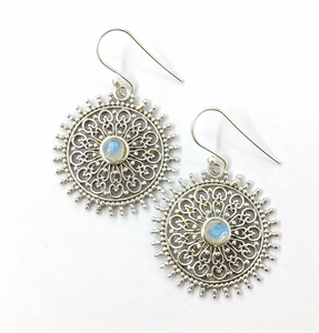 Rainbow Moonstone Drop <b>Earrings</b> <b>Solid</b> 925 Sterling <b>Silver</b> Floral Pattern Dangle Fine Vintage Boho Jewelry - Product Image 2