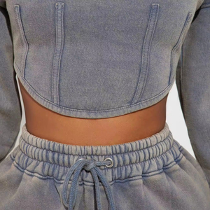 Best Selling Women's Solid Casual Outdoor <b>Cropped</b> Tracksuits Set Durable <b>Joggers</b> Pants Fashionable Short Tops Winter 100% Washed - Product Image 6