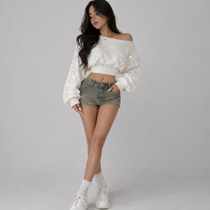 Sudadera Corta de Algodón con Hombros Descubiertos y Pedrería para Mujer, Estilo 2026, de Felpa, de Moda, Premium, de Alto Gramaje - Product Image 2