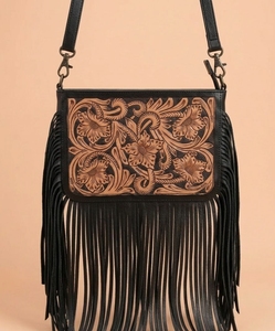 Women's Genuine Leather Fringe Crossbody Sling <b>Bag</b> with Zipper Closure Floral Western Style Single <b>Strap</b> Travel <b>Shoulder</b> Purse - Product Image 1